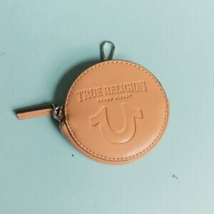 True Religion Camel Tan Genuine Leather Logo Embossed Round Zipper Coin Purse